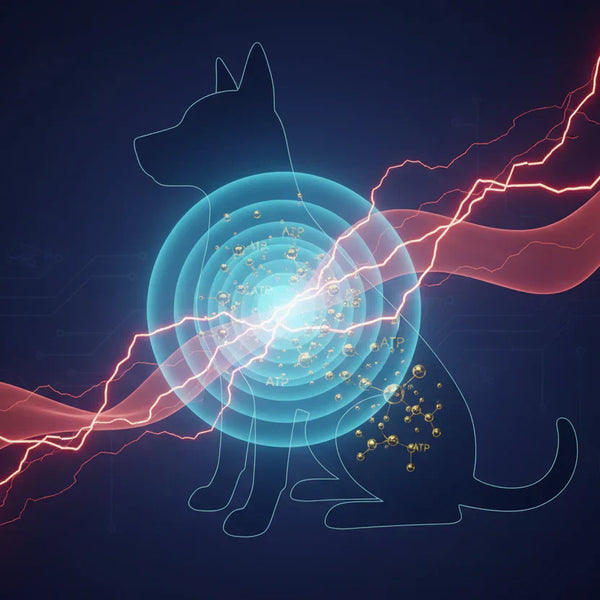 Conceptual visual of canine nervous system regulation, frequency technology for separation anxiety, and ATP energy for dog calmness.