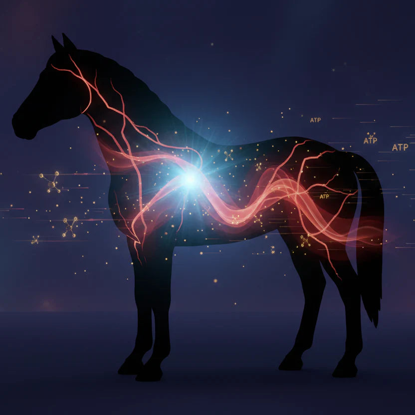 Conceptual visual of equine biofield stabilization, nervous system regulation, and ATP energy for horse anxiety and calmness.