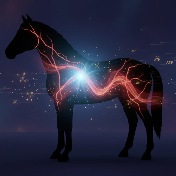 Conceptual visual of equine biofield stabilization, nervous system regulation, and ATP energy for horse anxiety and calmness.