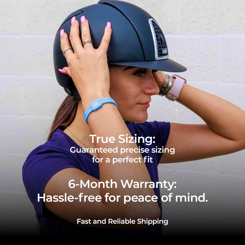A close-up of a customer wearing the AV Edge Advanced Sky Blue frequency wristband stacked with an apple watch, demonstrating a non-magnetic performance solution that might support mental focus and balance during cycling, fitness, or general sports activities, with potential EMF protection.