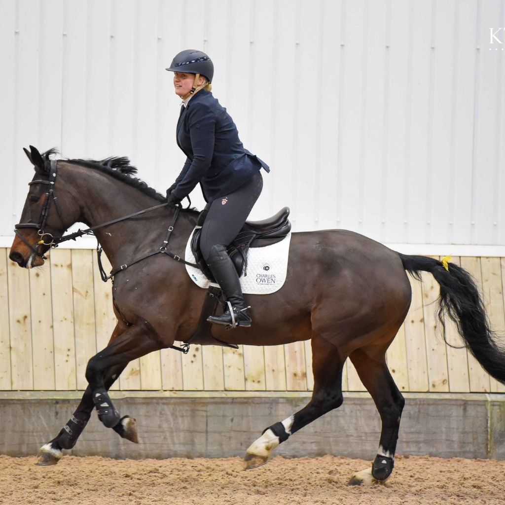 Equestrian Laura Goodall riding her bay horse in an indoor arena, with AV Edge Horse Bridle Patches clearly visible on the bridle headpiece. This 100% FEI-Legal solution offers 'Anti-Doping' confidence in the show ring, where equine biomechanical coordination and focus are essential for a high-performance, 'on the bit' ride.