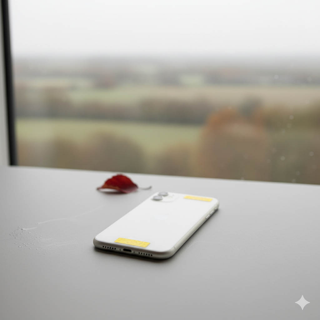 A lifestyle shot of a white phone on a grey windowsill with two yellow AV Edge Cell Phone Protect Filters applied. This frequency-based EF Technology acts as a 4G/5G signal modulator that might reduce phone radiation and help with tech fatigue or brain fog while maintaining full signal integrity.