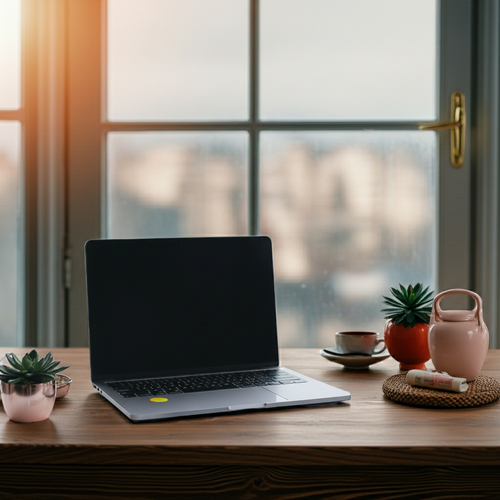 A silver laptop open on a wooden desk in a home office setting, featuring a yellow EMF Protect Filter applied to the bottom left corner of the keyboard deck. This non-interference laptop filter is designed to help neutralize modern technology frequencies and reduce tech-fatigue or brain fog without affecting WiFi connectivity.