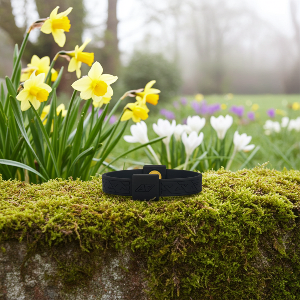Sleek AV Edge Legend Noir frequency wristband on a mossy stone wall, offering a discreet non-magnetic alternative to copper bracelets for arthritis pain relief, improved balance, and constant EMF protection