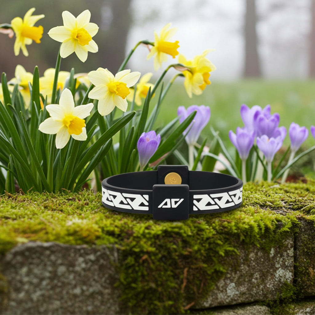 AV Edge Legend frequency wristband in White and Black on a mossy stone wall, providing a non-magnetic alternative to magnetic bracelets for vertigo relief, improved balance, and EMF protection