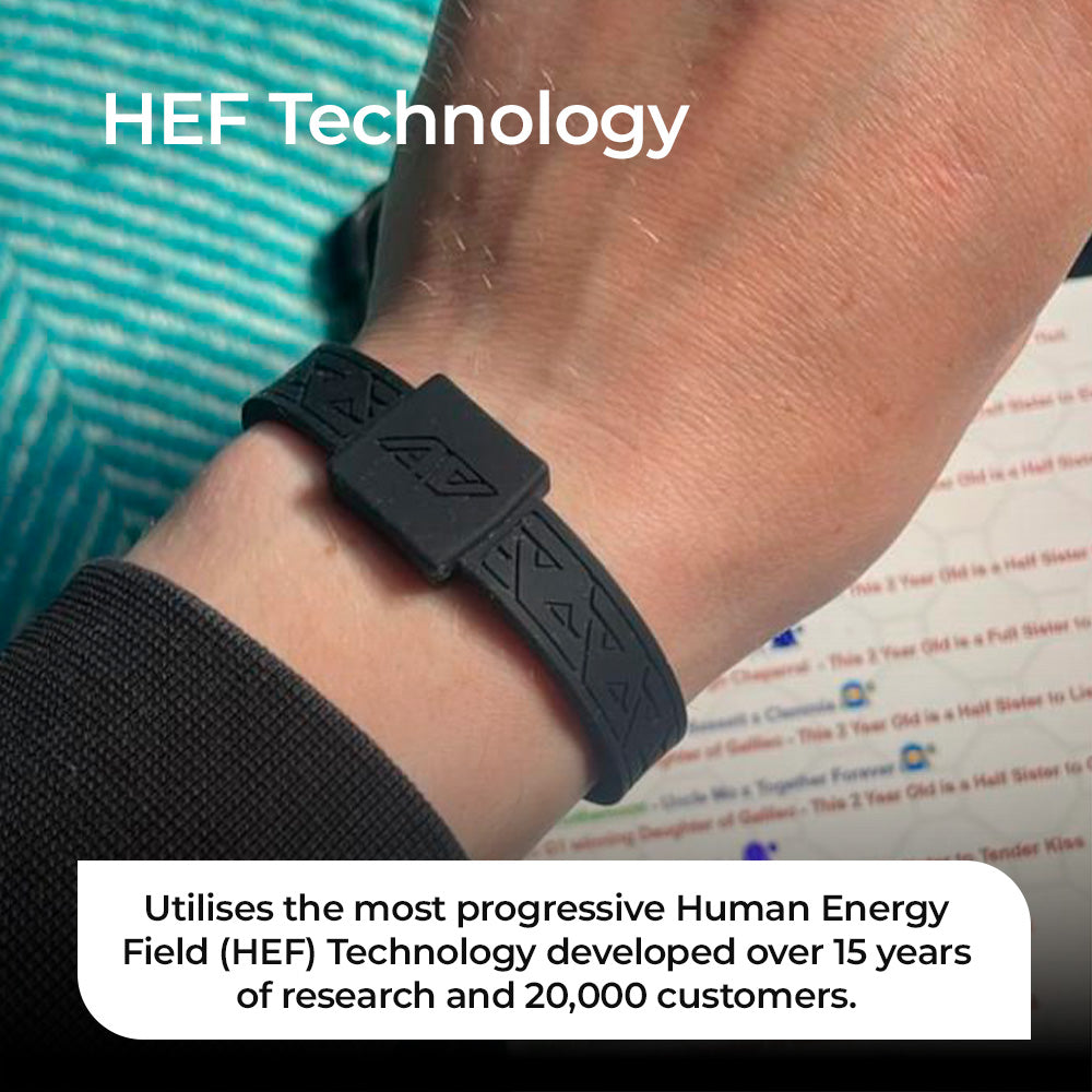 Close-up of the AV Edge Legend Noir frequency bracelet on a customer's wrist, showcasing the HEF Technology disc that may support the Human Energy Field to potentially improve focus and energy while offering a discreet solution for EMF protection.