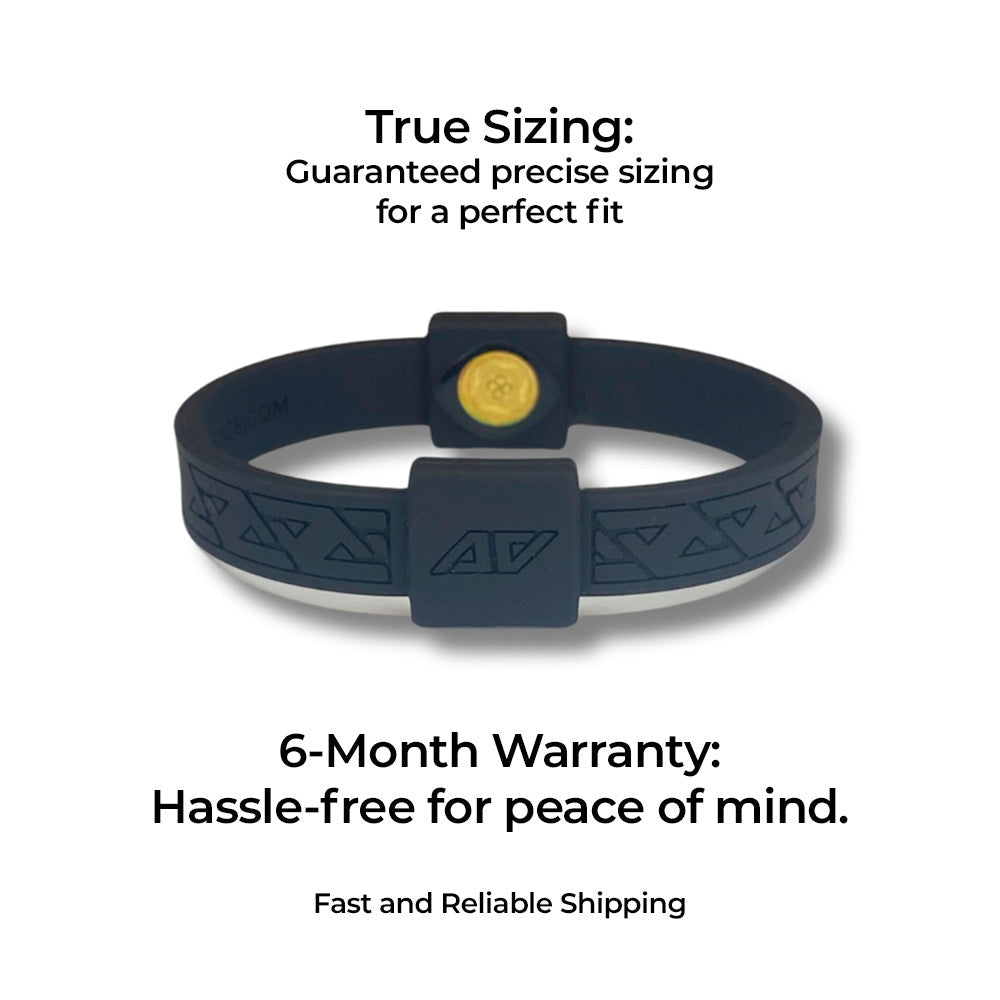 Product view of the AV Edge Legend Noir frequency wristband with the gold technology disc visible, highlighting guaranteed precise sizing and a 6-month warranty that may support biomechanical stability and might offer natural EMF protection for a perfect fit.