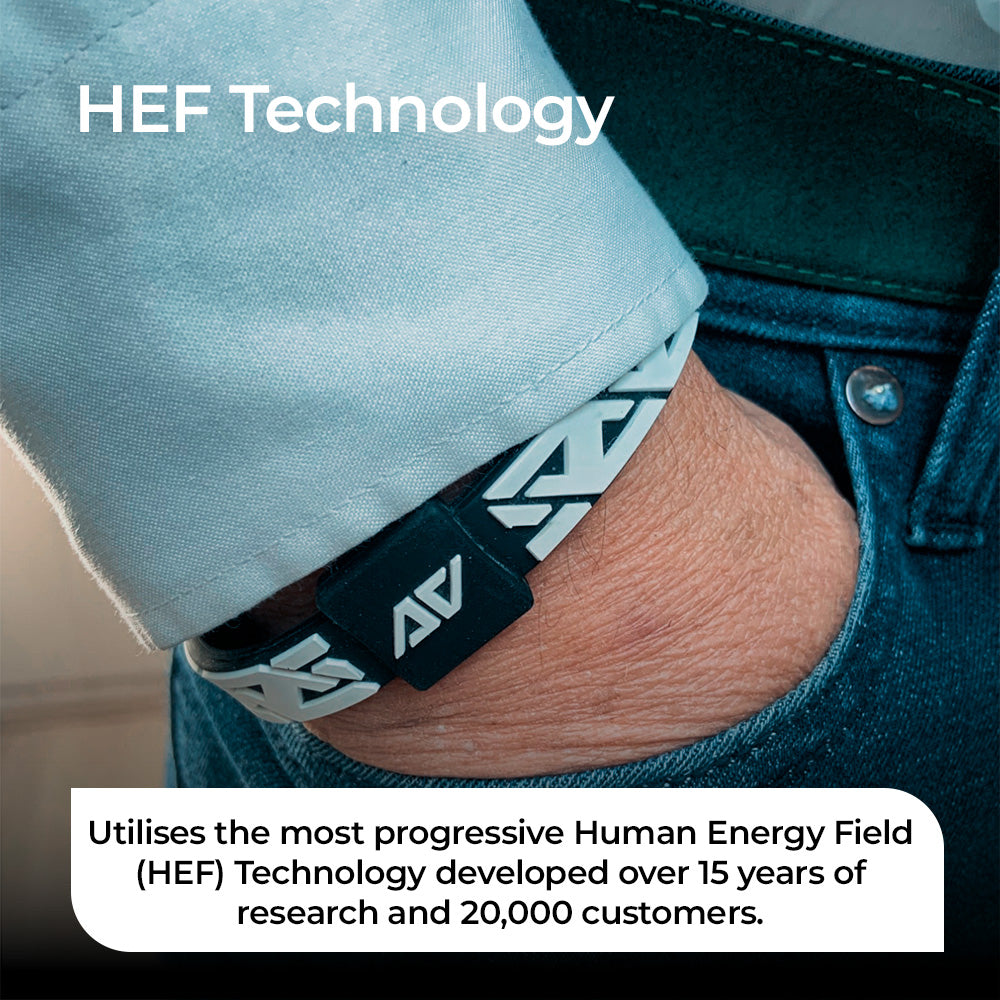 Close-up of the AV Edge Legend frequency bracelet on a customer's wrist, demonstrating the HEF Technology disc that may offer Human Energy Field support, improved cellular energy, and natural relief from digital fatigue and EMFs.